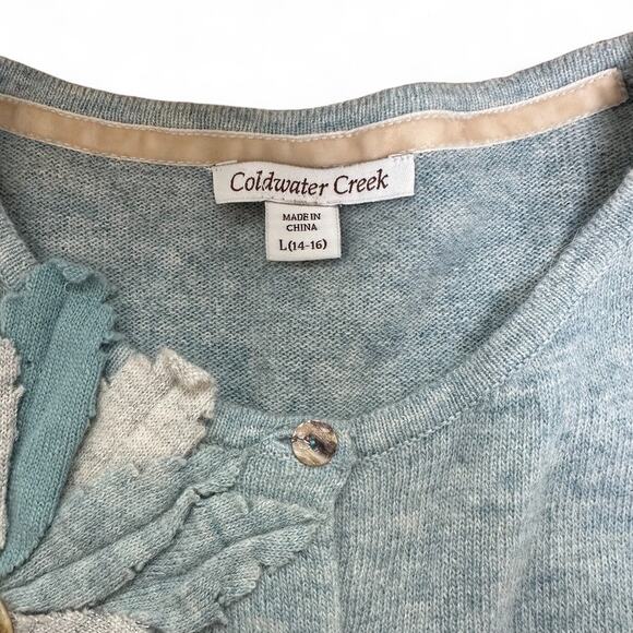 COLDWATER CREEK Wool Rabbit Hair Blend Floral Appliqué Button Cardigan Sweater L - Picture 2 of 6